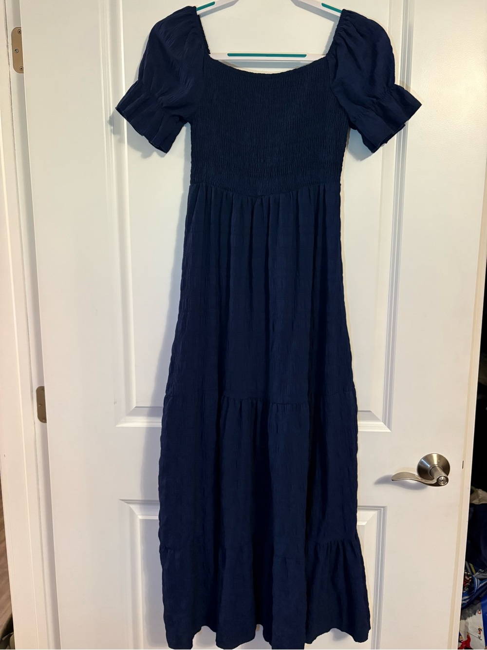 Navy Blue | Puff-Sleeve Smocked Maxi Dress | Feminine Textured Cottagecore